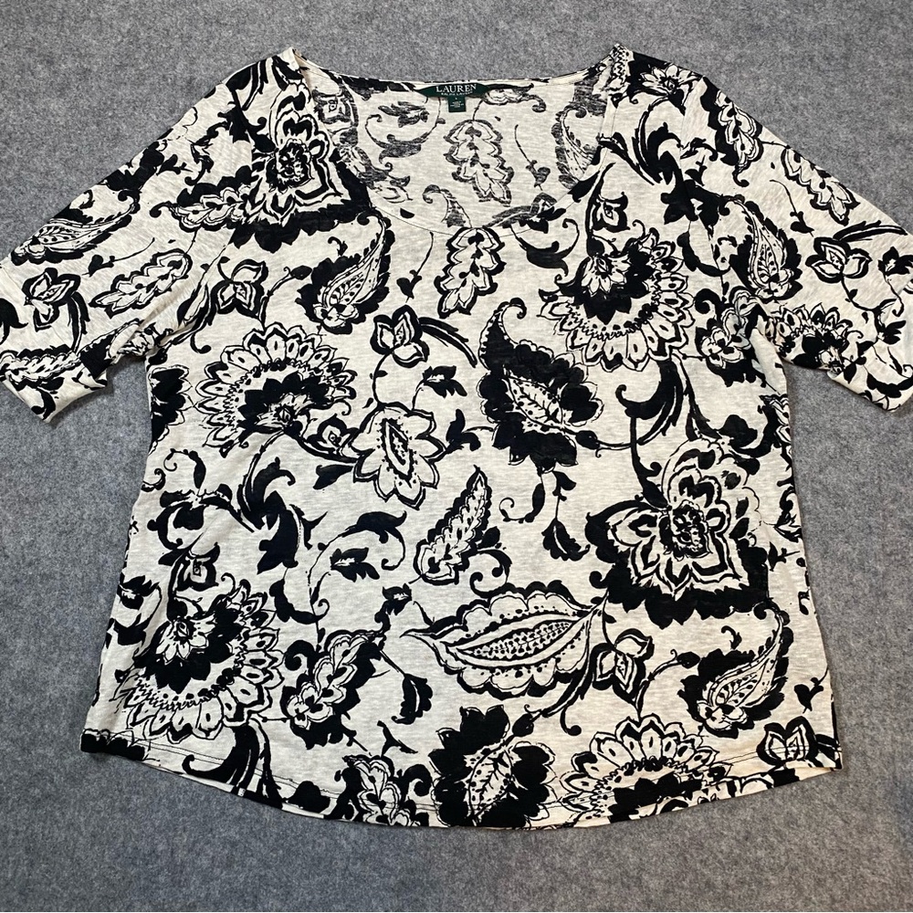 LRL Ralph Lauren 100% Linen Top Large White Black Paisley Floral Short Sleeve